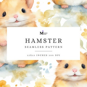 May include: A seamless pattern featuring watercolor illustrations of cute hamsters and yellow flowers. The pattern is 12x12 inches and 300 DPI.