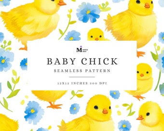 Naadloze patroon babykuiken, vogeltjes digitaal papier, aquarel babydier, blauwe bloem kinderkamerstof, patroon gele kuikens voor kinderen