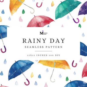 Puede incluir: Un patrón sin costuras con paraguas de acuarela coloridos y gotas de lluvia sobre un fondo blanco. El patrón es de 12x12 pulgadas y 300 DPI. El texto "Rainy Day Seamless Pattern" se muestra en el centro de la imagen.