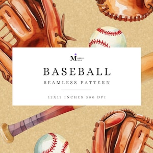 Baseball Seamless Pattern, Sport Mama Digital Paper, Game Day Pattern, Watercolor Softball Wallpaper, Retro Baseball Glove and Bat Printable