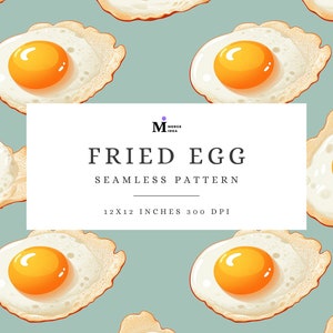 May include: A seamless pattern featuring a repeating design of fried eggs on a light blue background. The eggs have a bright yellow yolk and a white egg white with a crispy brown edge.