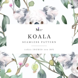 May include: A seamless pattern featuring watercolor illustrations of koalas and eucalyptus leaves. The pattern is 12x12 inches and 300 DPI. The text "KOALA SEAMLESS PATTERN 12X12 INCHES 300 DPI" is displayed in the center of the image.