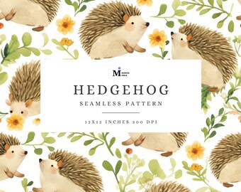 Hedgehog Digital Paper, Baby Forest Animal Seamless Pattern, Yellow Floral Meadow, Hedgehog Painting Nursery Fabric Pattern Commercial Use