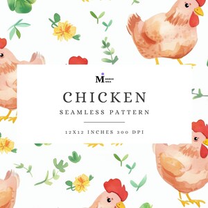 Może przedstawiać: Akwarelowy wzór bezszwowy z kurczakami, żółtymi kwiatami i zielonymi liśćmi na białym tle. Tekst "CHICKEN SEAMLESS PATTERN" jest wyświetlany w białym prostokącie. Wzór ma wymiary 30,48 x 30,48 cm przy 300 DPI.