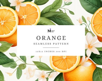 Orange Floral Seamless Pattern, Watercolor Citrus Digital Paper, Botanical Fabric Print, Scrapbook Paper