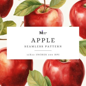 Apple Seamless Pattern, Fall Apple Digital Paper, Apple Seamless School, Apple Wrapping Paper, Watercolor Apple Print, Retro Apple Harvest