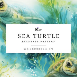 Sea Turtle Seamless Pattern, Turtle Fabric Pattern, Watercolor Turtle, Underwater Paper, Ocean Life, Seaweed Printable for Commercial Use