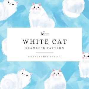 White Cat Seamless Pattern, Cute Persian Cat Seamless, Watercolor Cat Digital Paper, Kitten Seamless, Fluffy Cat White Furry Wrapping Paper