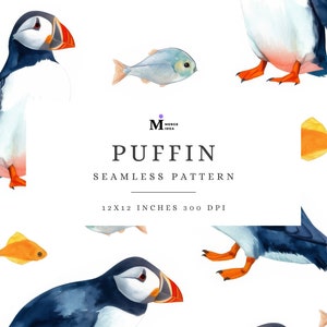 Modello senza cuciture Puffin, carta digitale acquerello Puffin Bird, pittura islandese, download digitale del modello di tessuto per vivaio di pesci acquerello