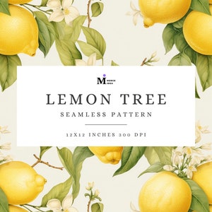 May include: A seamless pattern featuring a lemon tree with yellow lemons and white blossoms. The pattern is 12x12 inches and 300 DPI. The text "Lemon Tree Seamless Pattern" is displayed on a white rectangle.