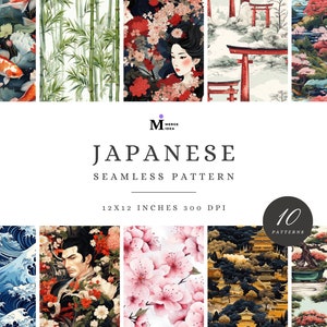 Può includere: Una collezione di dieci motivi giapponesi senza cuciture, ciascuno di 30,5 x 30,5 cm a 300 DPI. I disegni presentano carpe koi, bambù, geishe, porte torii, fiori di ciliegio e paesaggi tradizionali. Il testo recita "Japanese Seamless Pattern".