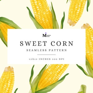 Puede incluir: Un patrón sin costuras con ilustraciones de acuarela de maíz dulce sobre un fondo amarillo claro. El patrón es de 12x12 pulgadas y 300 DPI.
