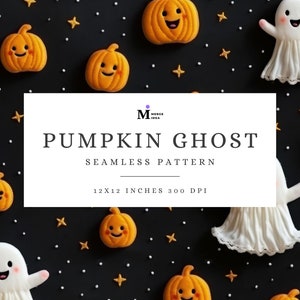 Pumpkin Ghost Seamless Pattern, Halloween Pumpkin Pattern, Cute Ghost Pattern, Pumpkin Embroidery Pattern, Halloween Ghost Faux Embroidery
