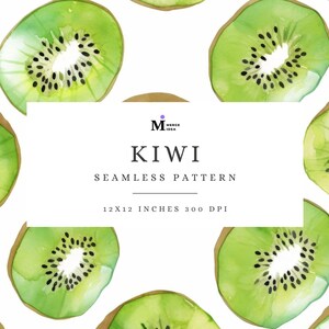Może przedstawiać: Bezszwowy wzór z akwarelowymi plasterkami kiwi na białym tle. Plasterki kiwi są zielone z czarnymi nasionami i brązową skórką. Tekst "KIWI SEAMLESS PATTERN" jest wyświetlany w białym prostokącie, z wymiarami 30,5x30,5 cm i 300 DPI.