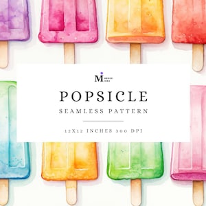 May include: A seamless pattern featuring watercolor illustrations of colorful popsicles. The popsicles are arranged in a repeating pattern, with each popsicle having a different color. The pattern is perfect for use in a variety of projects, such as fabric, wallpaper, and wrapping paper.