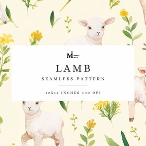 Op de afbeelding: Een naadloos patroon met aquarel illustraties van witte lammetjes en gele bloemen op een lichtgele achtergrond. De tekst "LAMB SEAMLESS PATTERN 12X12 INCHES 300 DPI" wordt in het midden van de afbeelding weergegeven.