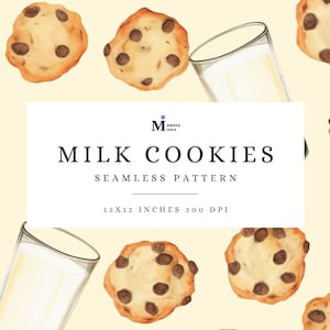 Milk Cookies Seamless Pattern, Watercolor Cookies Digital Paper, Dairy Milk Fabric, Baking Print, Chocolate Chip Cookie Printable Paper Gift