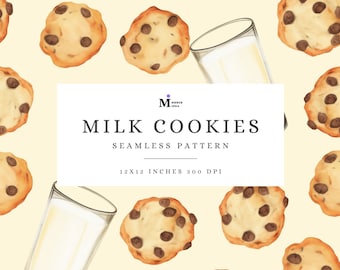 Milk Cookies Seamless Pattern, Watercolor Cookies Digital Paper, Dairy Milk Fabric, Baking Print, Chocolate Chip Cookie Printable Paper Gift