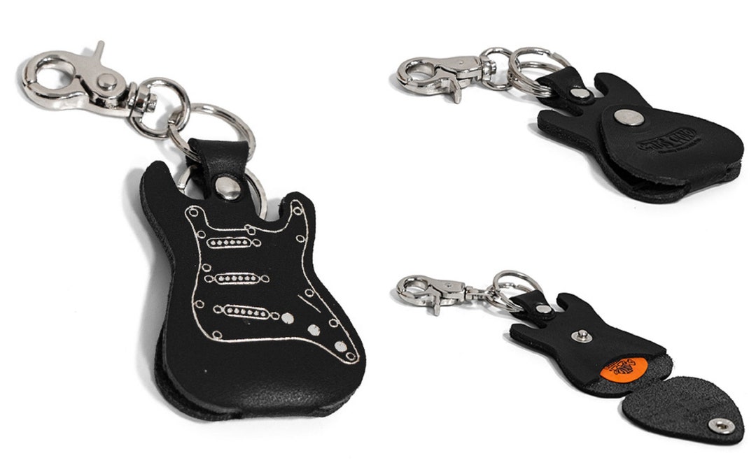 Premium Leather Electric Guitarshaped Pick Holder With Key Ring and