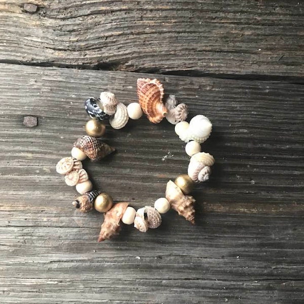 Stretch Cord Seashell Bracelet - Natural Wood Bead Accent