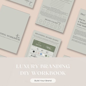 May include: A green and white branding workbook with the text "The Branding Workbook" and "Build Your Brand". The workbook includes a section on brand colors and a branding board example with the text "Cayden Hayes" and "breathin".