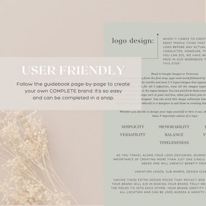 May include: A light green and white graphic with the text "logo design: USER FRIENDLY" and a list of design elements for creating a brand, including simplicity, versatility, memorability, balance, and timelessness.