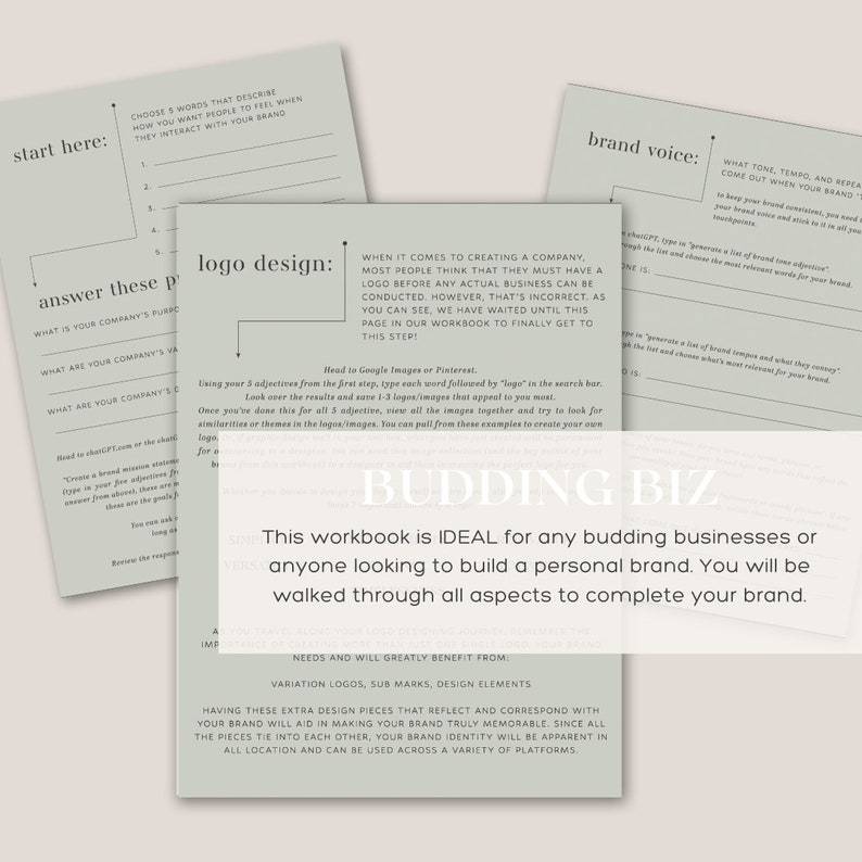 May include: A green and white workbook titled "Budding Biz" with the text "This workbook is IDEAL for any budding businesses or anyone looking to build a personal brand. You will be walked through all aspects to complete your brand."