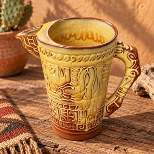 Vintage Frankoma Mayan Aztec 7D Pitcher Desert Gold Oklahoma Art Pottery 1950s