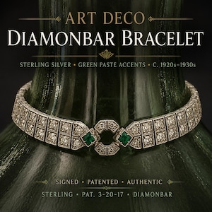 May include: Art Deco Diamonbar bracelet. Sterling silver bracelet with green paste accents. The bracelet features a geometric design with square-cut stones and two emerald-green accents. The text reads "Signed, Patented, Authentic".