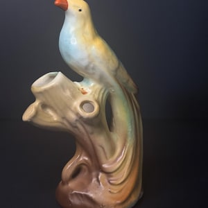 Antique Czechoslovakia Bird Flower Frog Bud Vase Art Pottery Matte Glaze 5.5”
