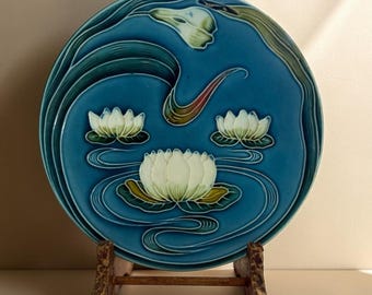 Antique Majolica Plate G S Zell Baden X247 Art Nouveau Water Lilies Lily 8.5”