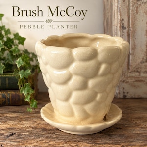 May include: A cream-coloured ceramic planter with a textured pebble-like surface and a matching saucer. The planter features a glossy finish and a scalloped rim. The text Brush McCoy PEBBLE PLANTER is visible above the object in the image.