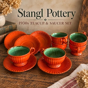 Vintage Stangl Pottery Colonial Tangerine Tea Cups Saucers Orange Green - 6 cups 5 saucers - 1930s