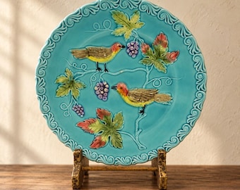 Plato antiguo alemán de mayólica con forma de pájaro, Georg Schmider Zell, turquesa n.° 230, 21,5 cm (8 1/2 pulgadas)