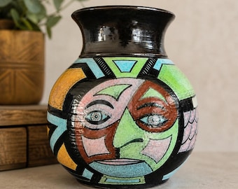 Vintage 1993 S Koons Pueblo Keramik Vase Abstraktes Gesicht Kunst Handgemaltes Southwestern Studio Keramik Dekor (B)