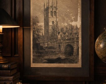 Incisione originale del XIX secolo della Torre di Magdalen a Oxford, incorniciata. Stampa architettonica gotica antica, circa 1850-1890.