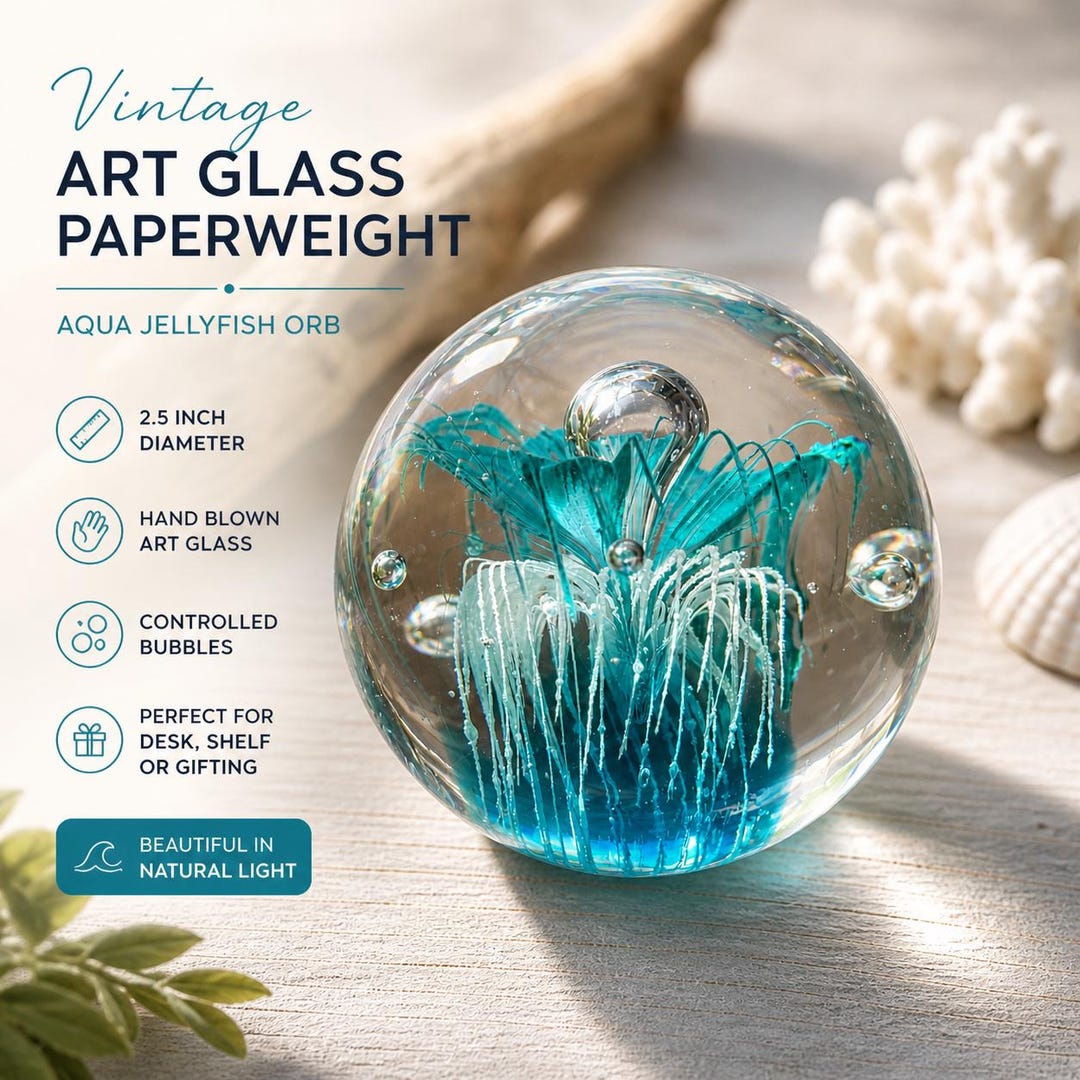 Vintage Art Glass Paperweight Aqua Blue Jellyfish Controlled Bubble Orb ...