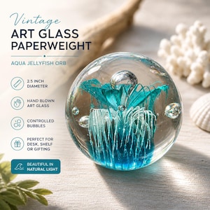 Vintage Art Glass Paperweight Aqua Blue Jellyfish Controlled Bubble Orb 2.5”