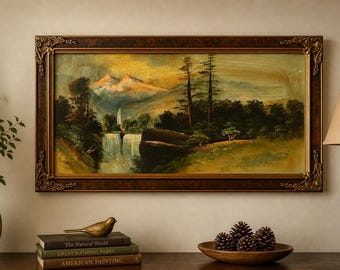 Grande dipinto a olio originale vintage su tavola, paesaggio montano con cascata, cornice decorata con effetto legno, arte da parete di metà secolo, 32x17