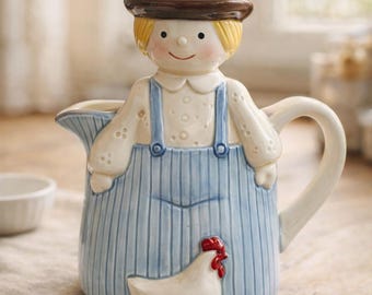 Vintage Otagiri Farmer Pitcher Creamer Boy Blue Overalls Chicken Farmhouse Japan