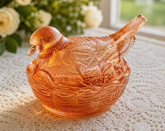 Vintage Heisey Pink Glass Bird on Nest Covered Dish Diamond H Mark Depression Era Glass Candy Dish