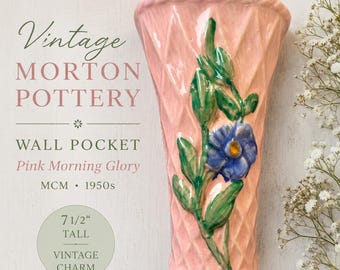Jarrón de cerámica vintage Morton Pottery Wall Pocket Pink Morning Glory tipo cesta, macetero de cerámica MCM