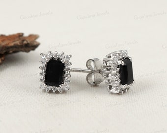 Boucles D'oreilles Clous Vintage Or Blanc 17k - Onyx Noir Et Diamants - Forme Octogonale