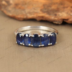 Blue Sapphire Half Eternity Band-925 Sterling Silver Ring-September Birthstone Ring-Oval Gemstone Ring-Sapphire Silver Ring-Wedding Gift Her
