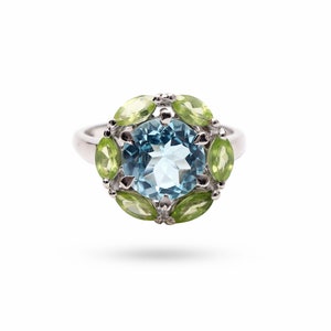 Natural Blue Topaz Round With Peridot Marquise Cut Gemstone Ring, 925 Solid Silver, Blue Topaz Ring, Promise Ring, Gemstone Ring, Gift Her