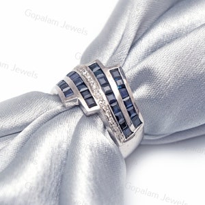 Blue Sapphire Square Cut Gemstone Ring-Half Eternity Band Ring-Diamond Ring-September Birthstone Ring-Bridal Ring-Wedding Gift-Women Jewelry