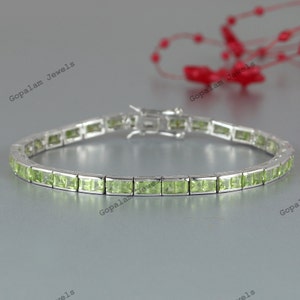 Natuurlijke peridot tennisarmband 925 sterlingzilveren armband vierkante edelsteen armband augustus geboortesteen peridot sieraden huwelijkscadeau voor haar