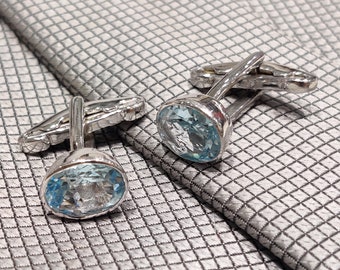 Boutons De Manchette En Argent 925 Avec Topaze Bleue Naturelle - Fait Main En Inde - Neuf