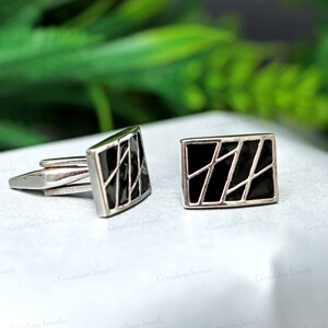 Boutons de manchette en émail noir et blanc - Boutons de manchette carrés en argent sterling 925