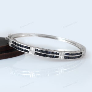 Natural Blue Sapphire-925 Sterling Silver Bangle-Square Cut Gemstone Bangle-Sapphire Bangle-September Birthstone-Diamond Bangle Gift for Her